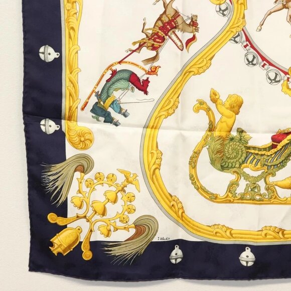 HERMES Carre 90 Scarf ""Plumes et Grelots"" Silk Navy - Picture 8 of 14
